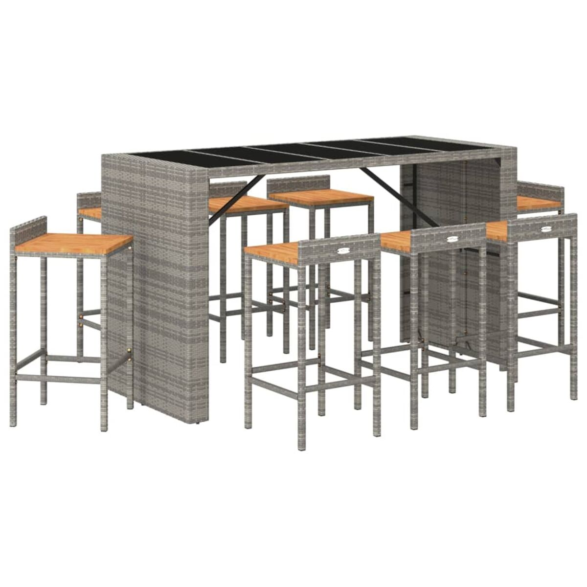 Ein Bar-Set im Freien mit grauem Korbgrund und Sitz in Holzoptik. Enthält Hocker und einen Tisch.