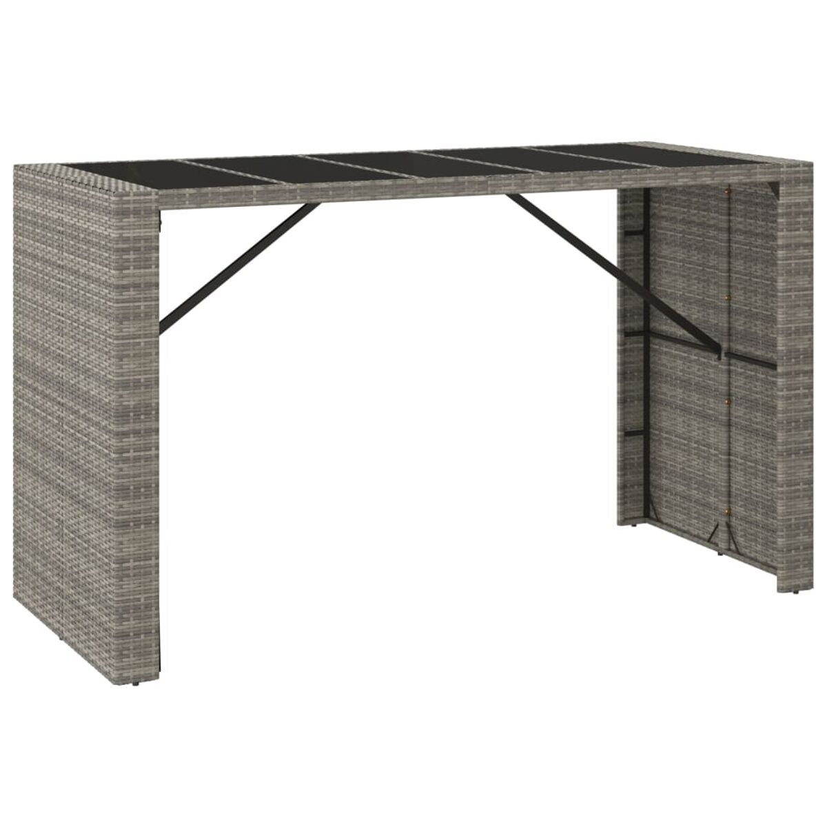 Grauer gewebter Outdoor-Bartisch mit schwarzer Oberseite und Metallstützbeinen.