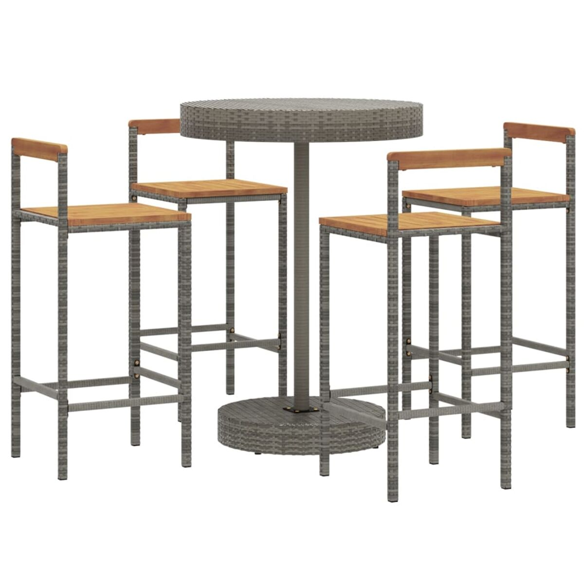 Gartenbar-Set mit rundem Tisch und Barhockern. Das Set ist grau mit Holzakzenten.
