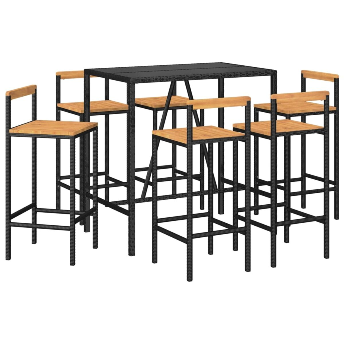 Outdoor-Bar-Set mit schwarzem Rahmen, Holzsitzen und schwarzer Tischplatte.