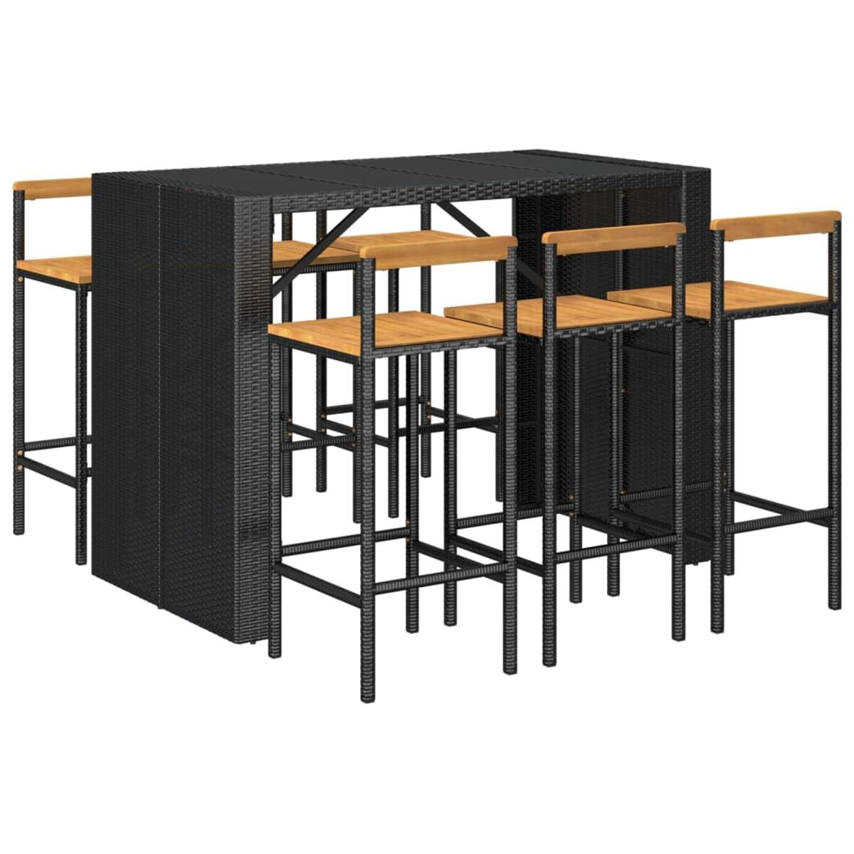 Outdoor-Bartisch-Set mit schwarzem gewebtem Tisch und Stühlen. Sitzflächen aus Holz.
