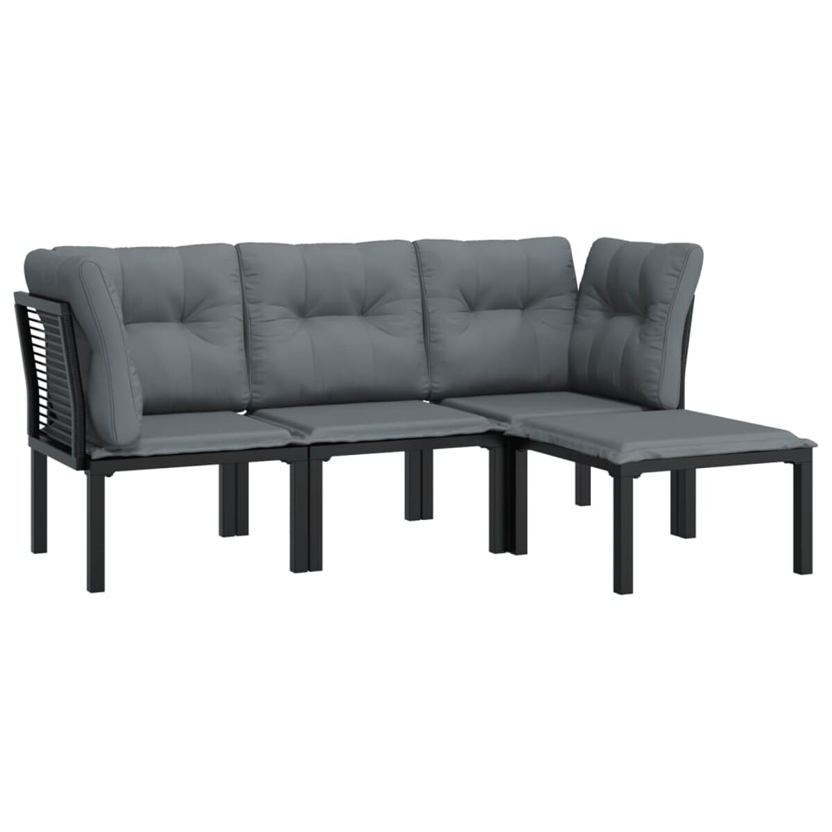 L-förmiges Outdoor-Sofa mit grauen Kissen, vor weißem Hintergrund.