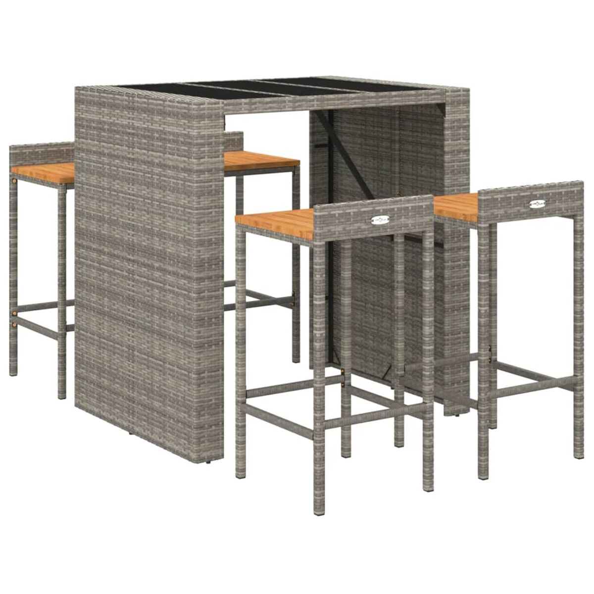 Korbmöbel-Bartisch und Hocker. Tisch hat Glasplatte. Hocker haben Holzplatten.