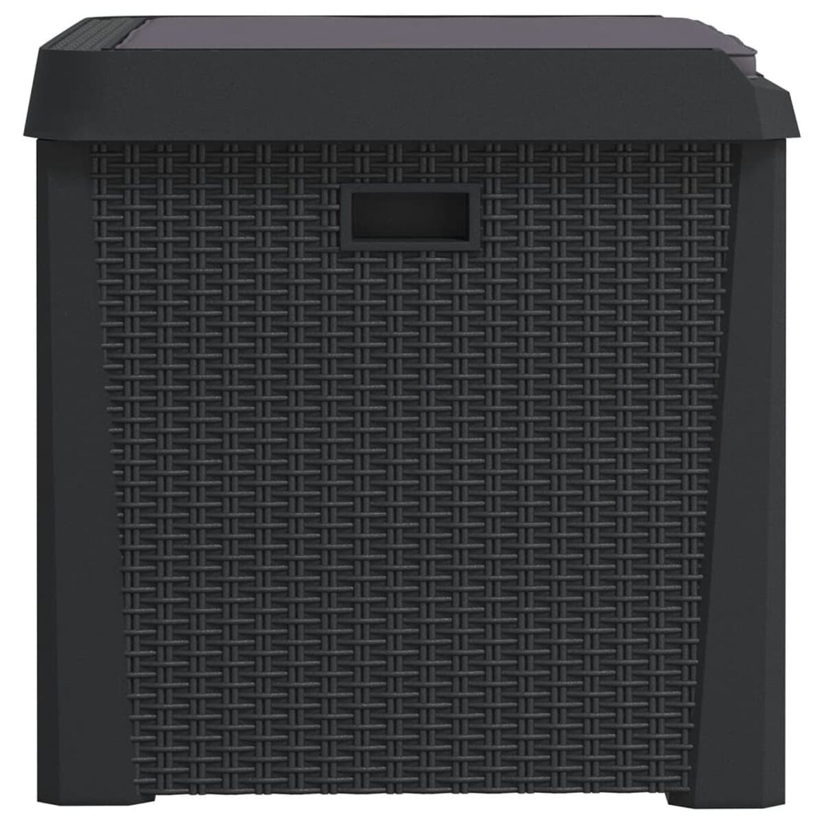 Eine schwarze, gewebte Outdoor-Aufbewahrungsbox mit Deckel, mit einem Griff auf der Vorderseite.
