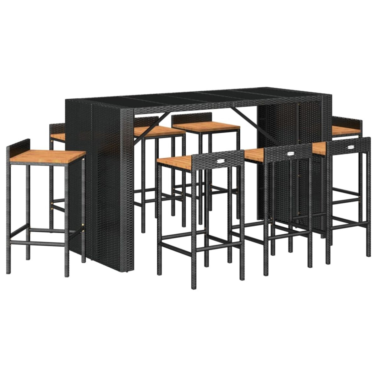 Outdoor-Bar-Set: hoher Tisch, Hocker. Schwarzes Korbgeflecht, Holzsitze. Saubere Kulisse, weiße Wand.