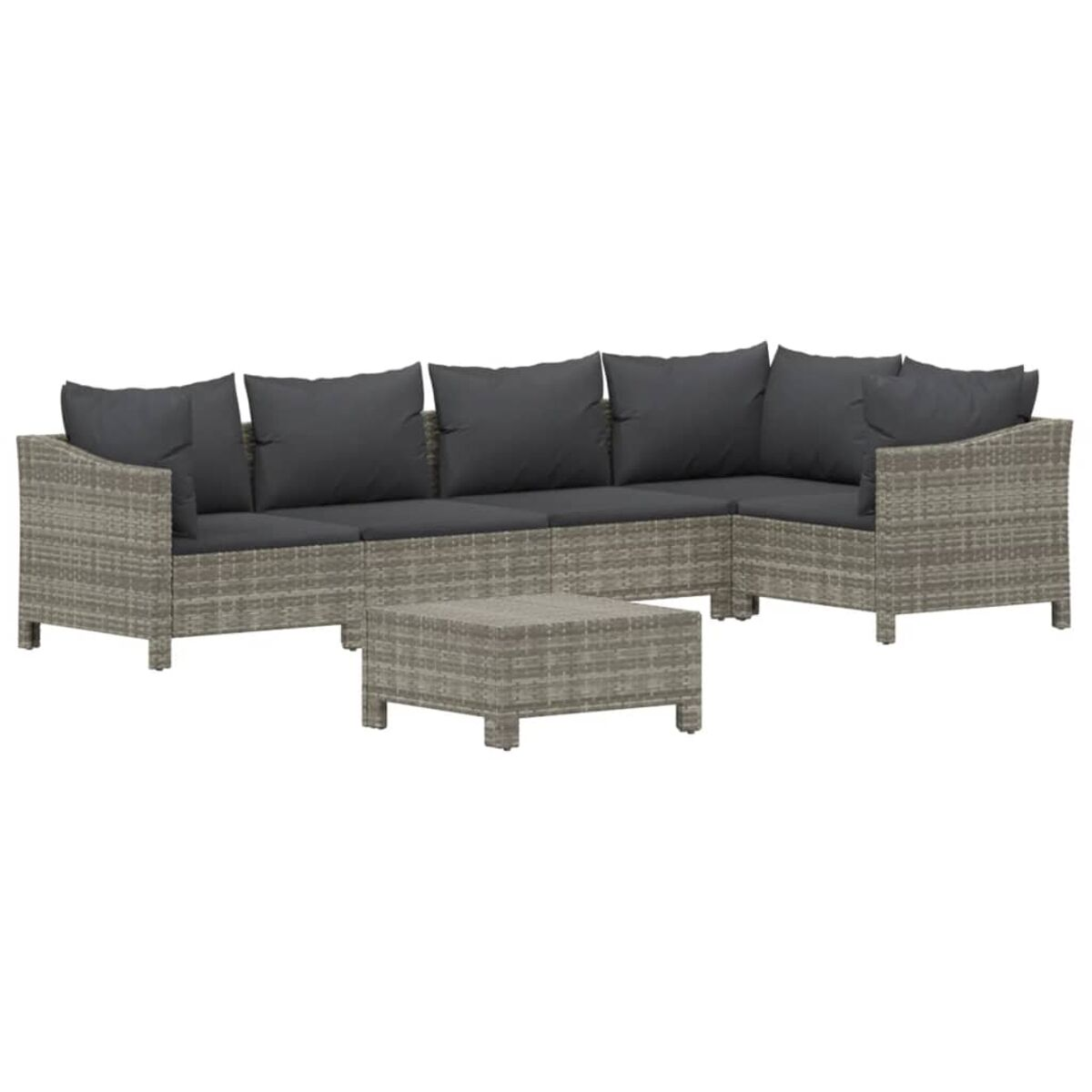 Ein graues Ecksofa aus Korbgeflecht und ein quadratischer Tisch. Die Szene ist isoliert.