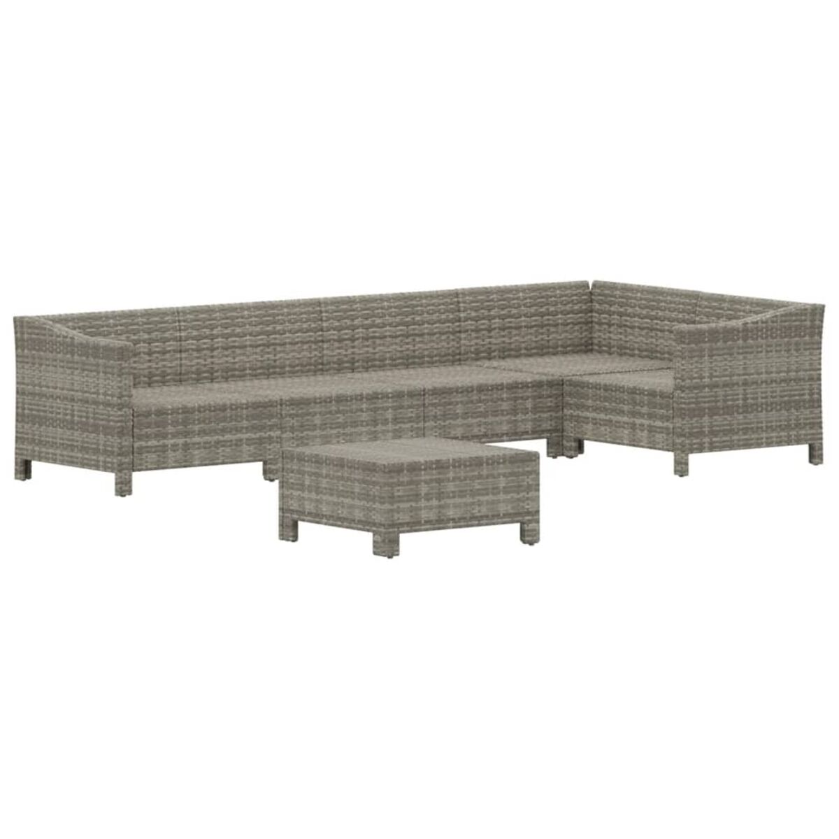 L-förmiges Outdoor-Sofa und ein kleiner quadratischer Tisch. Das Set ist hellgrau.