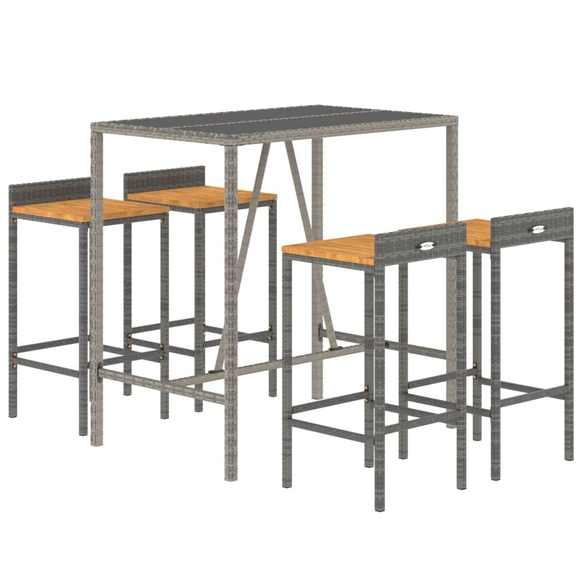 Bartisch und Hocker. Graue Korbgewebe-Rahmen, Holzsitzflächen. Weißer Hintergrund.