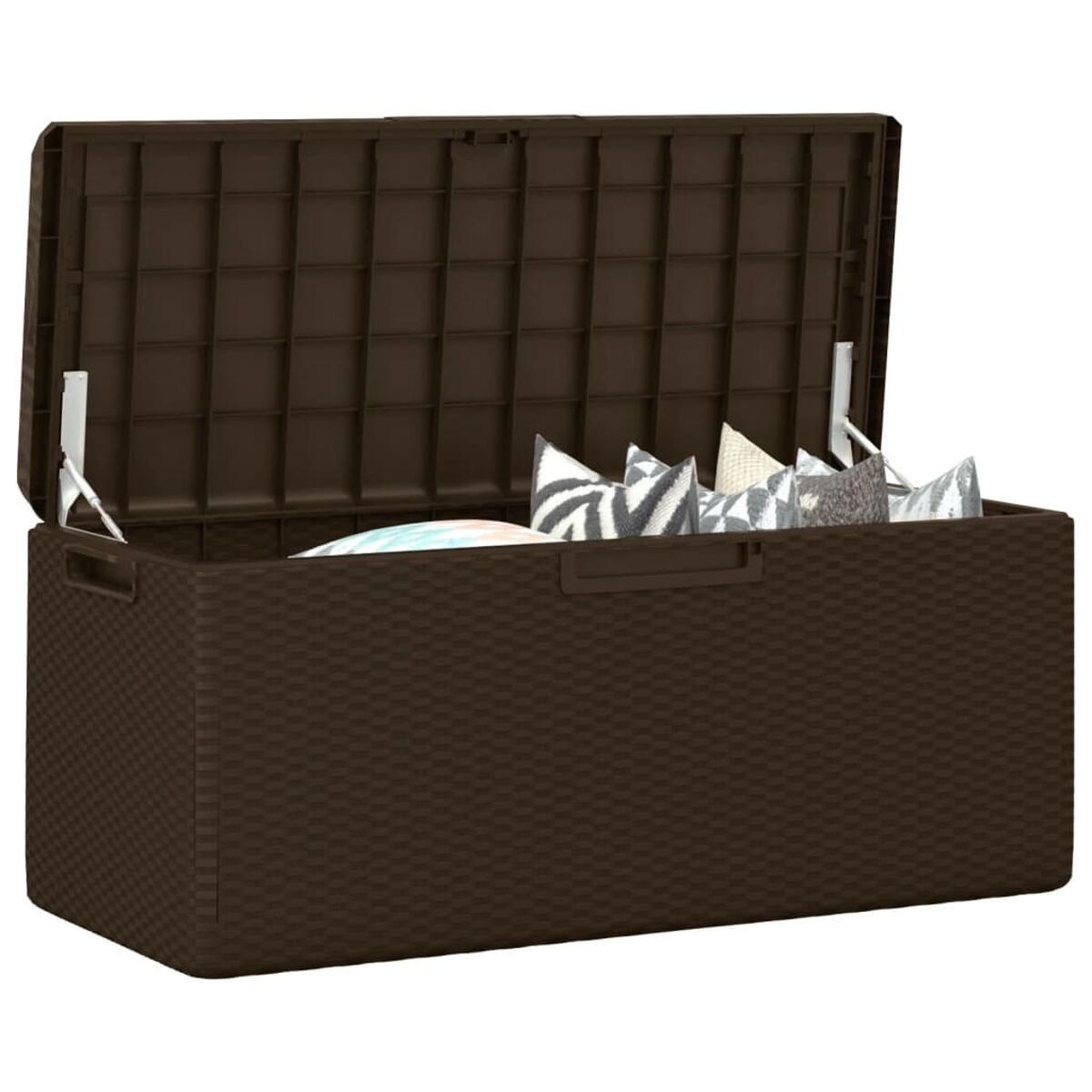 Braune Outdoor-Aufbewahrungsbox, offen. Enthält Kissen. Gewebte Textur.