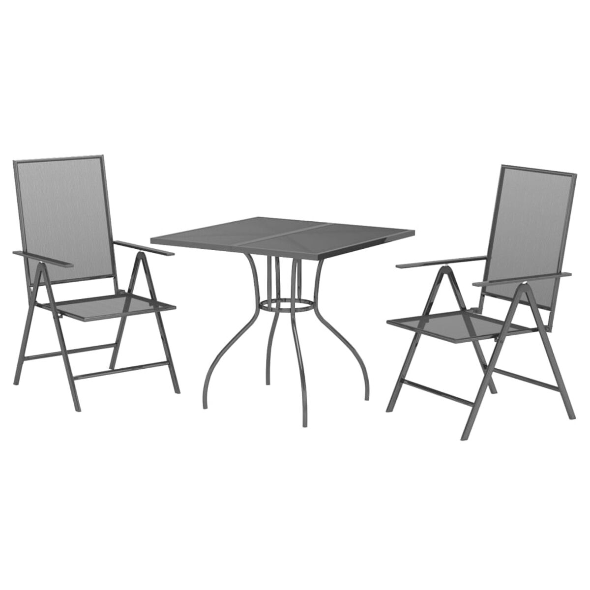 Metall-Tisch und -Stühle im Freien. Der Tisch hat eine quadratische Oberseite. Stühle haben Netzsitzflächen.