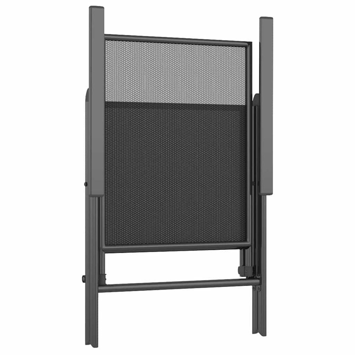 Zusammengeklappter schwarzer Outdoor-Stuhl. Der Stuhlrahmen ist dunkelgrau, der Sitz hat eine Webstruktur.