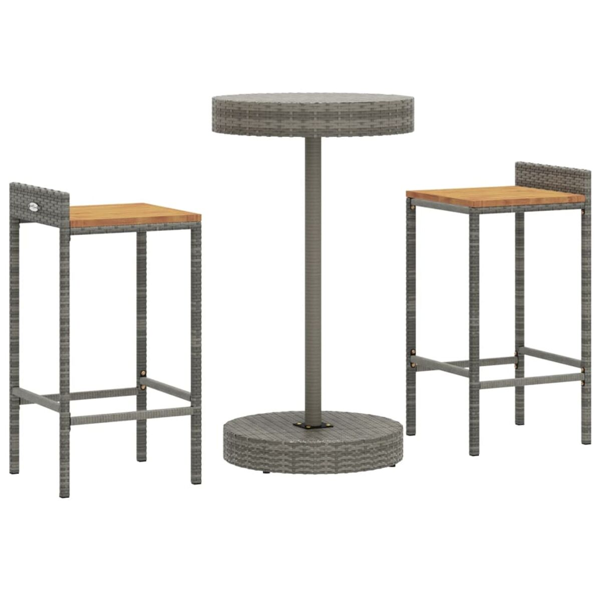 Graues Bar-Set aus Weide. Enthält einen runden Tisch und zwei Barhocker mit Holzsitzflächen.