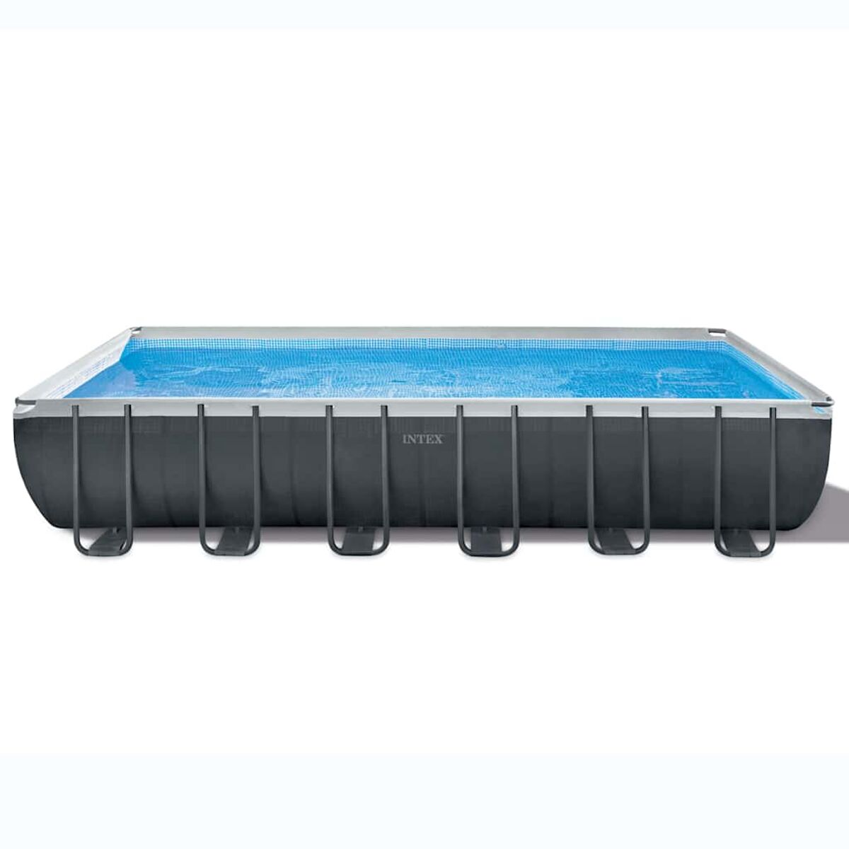 Rechteckiger Intex-Aufstellpool mit einer blauen Abdeckung.