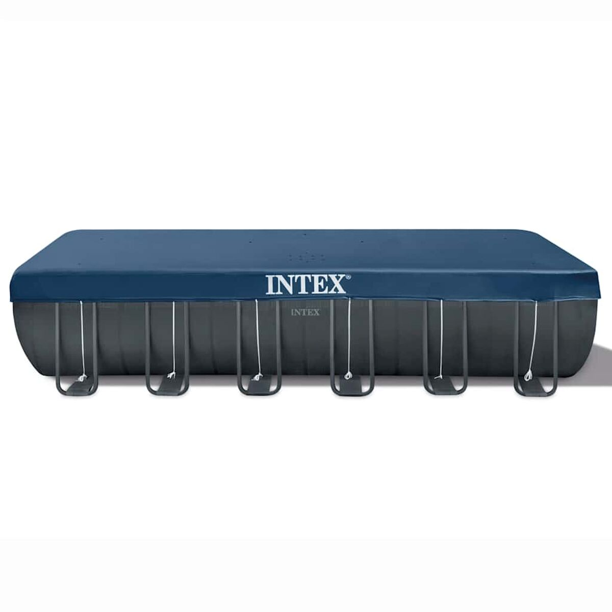 Rechteckiger Intex-Pool mit blauem Deckel, isoliert auf Weiß.