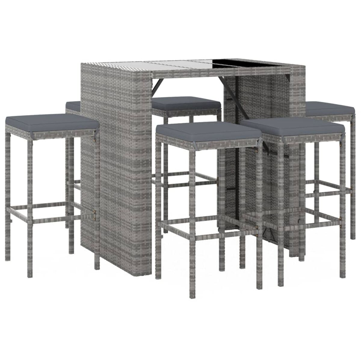 Outdoor-Bar-Set mit grauem Korbgeflecht und Kissen. Enthält eine Bar und Hocker. Grau und Beige.