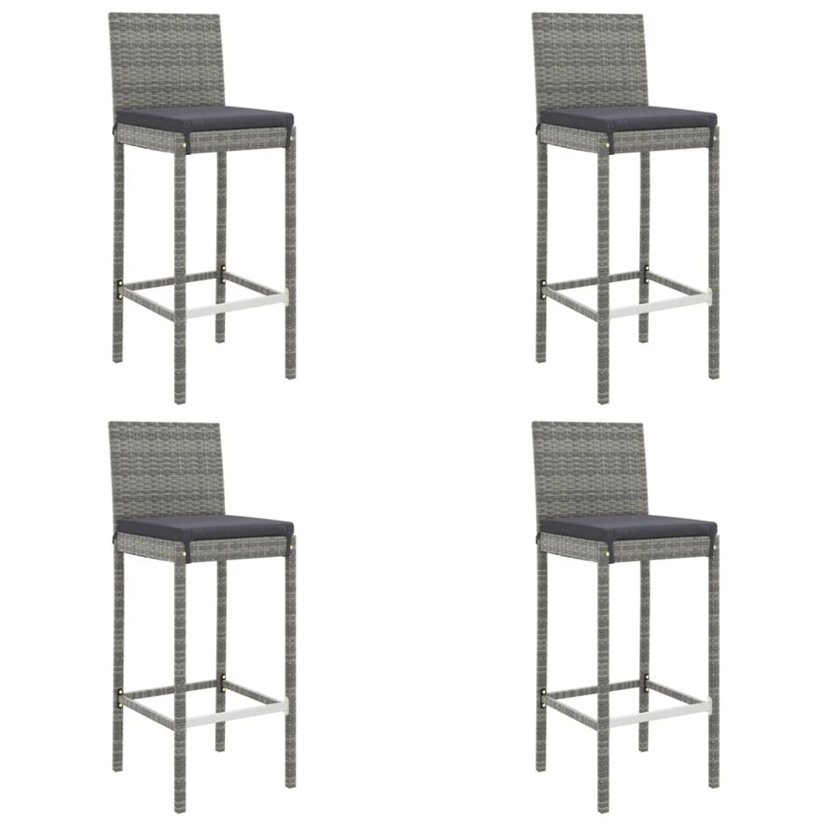 Barhocker. Graues Korbgeflecht mit schwarzen Kissen. Weißer Hintergrund.