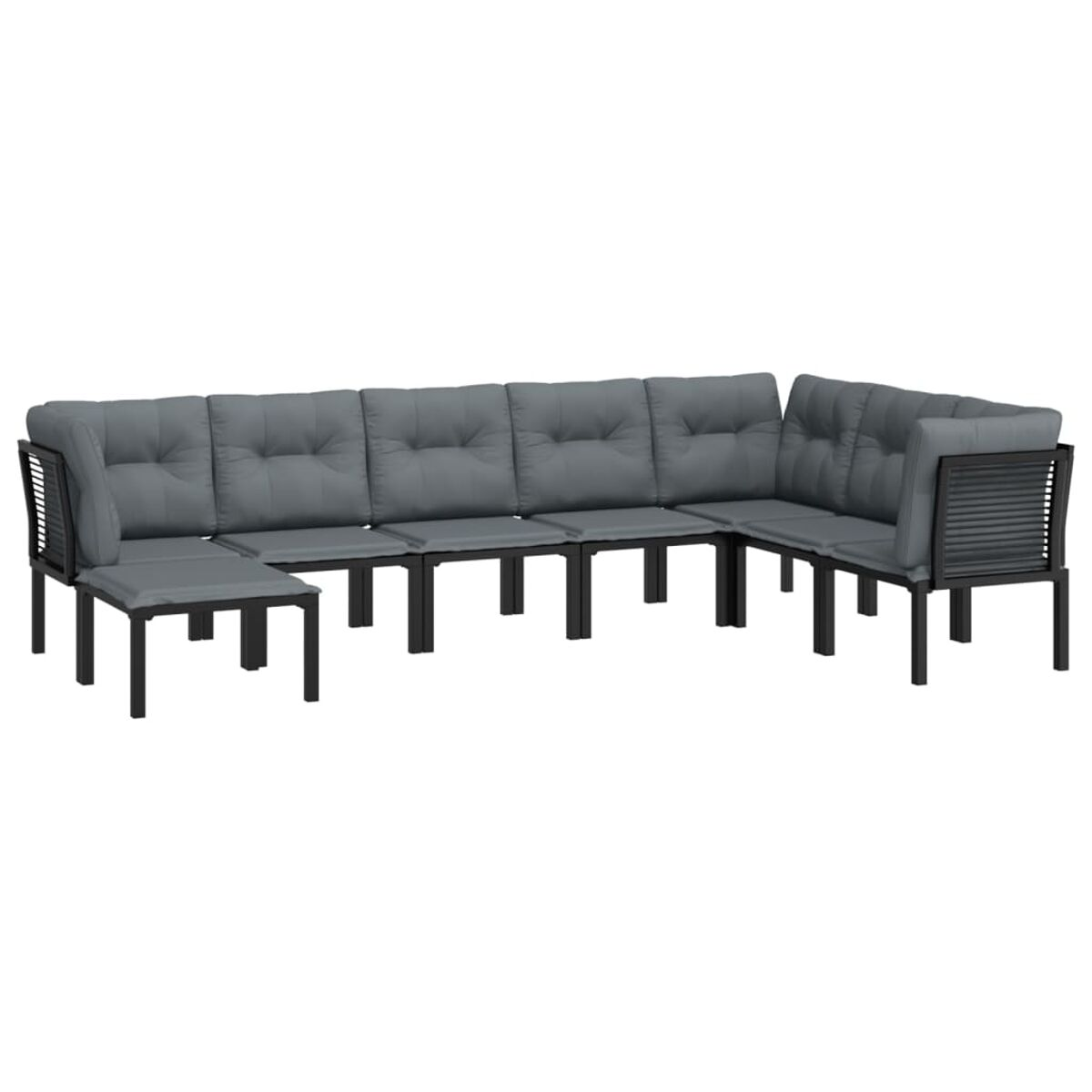 Ein graues Ecksofa mit schwarzen Metallrahmen. Es ist isoliert vor weißem Hintergrund.