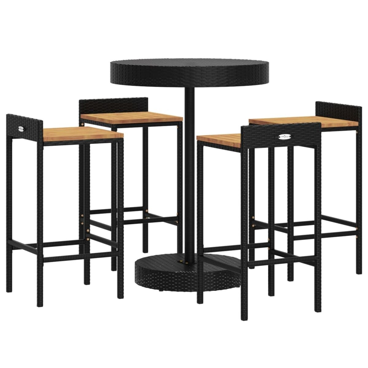Outdoor-Bar-Set mit rundem Tisch und vier Barhockern.