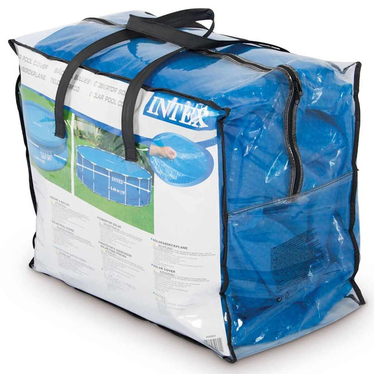 Eine blaue Tasche mit einer Poolabdeckung. Hat Text und Grafiken.