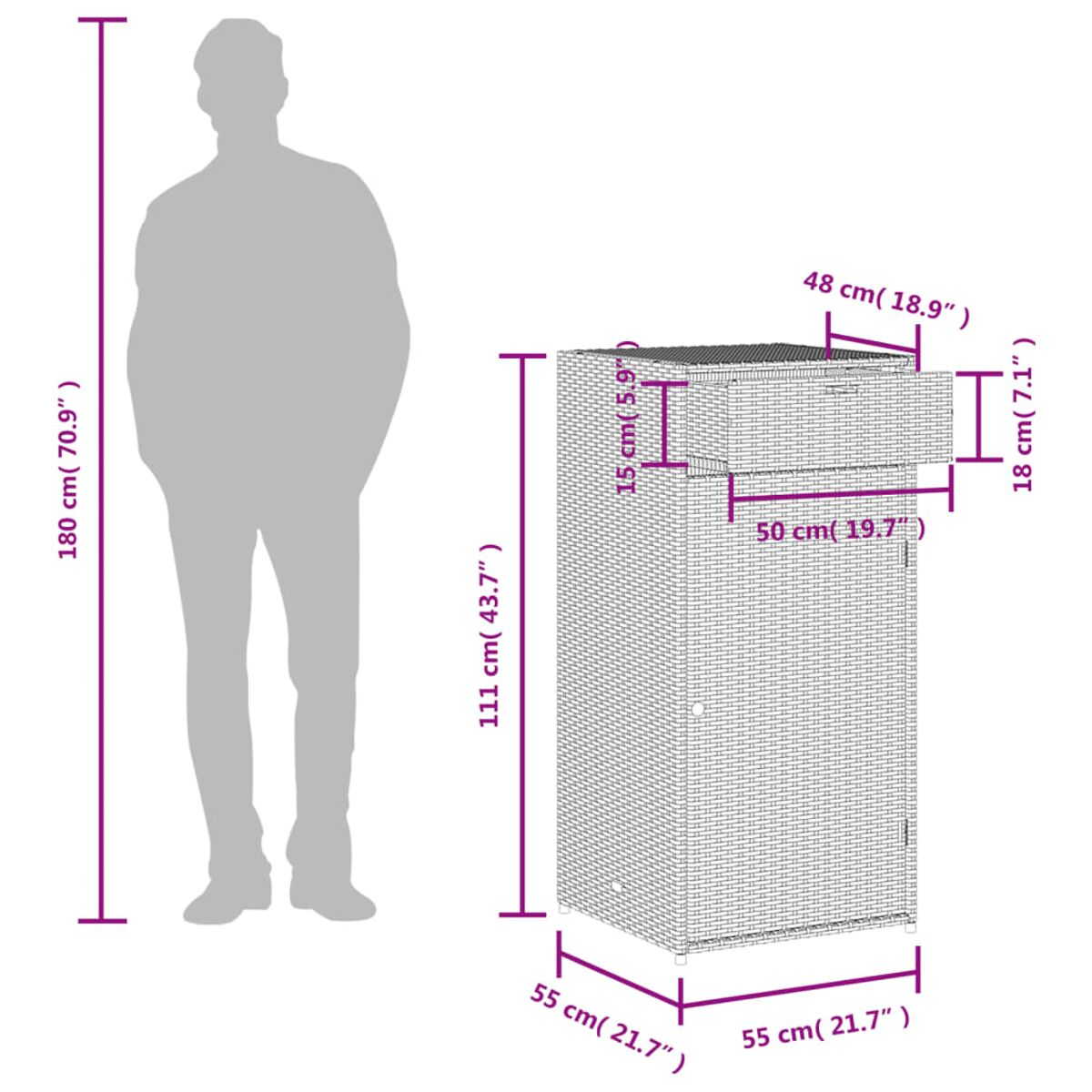 Ein Rattanschränkchen mit markierten Abmessungen. Daneben eine Silhouette einer Person.