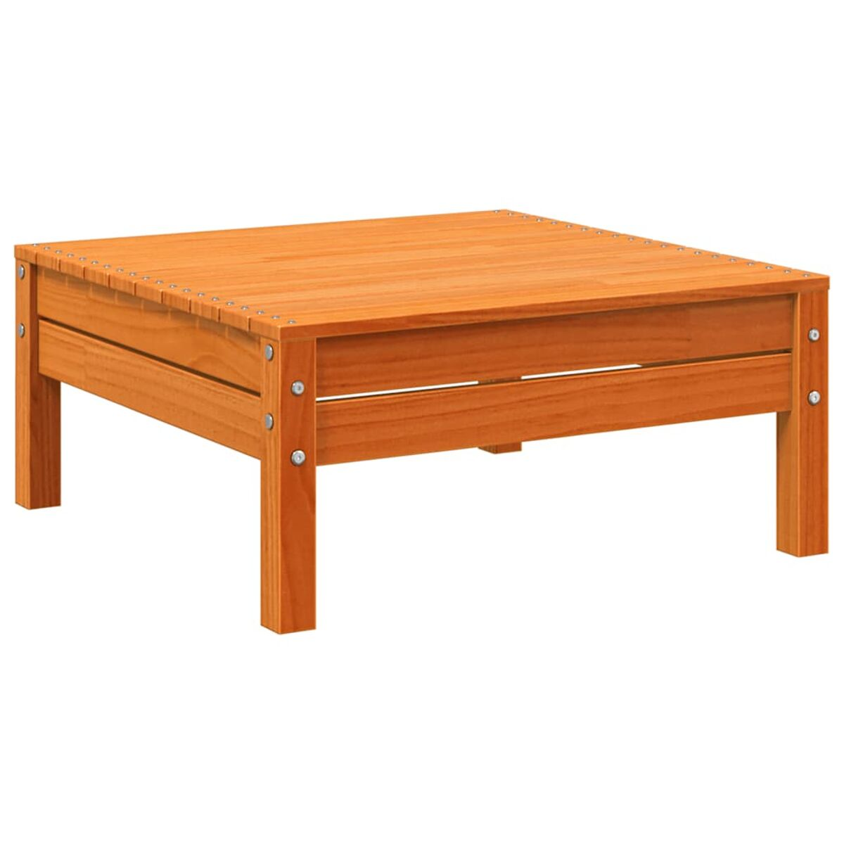 Quadratischer Couchtisch aus Holz, orangefarben, auf weißem Hintergrund, mit Schrauben.