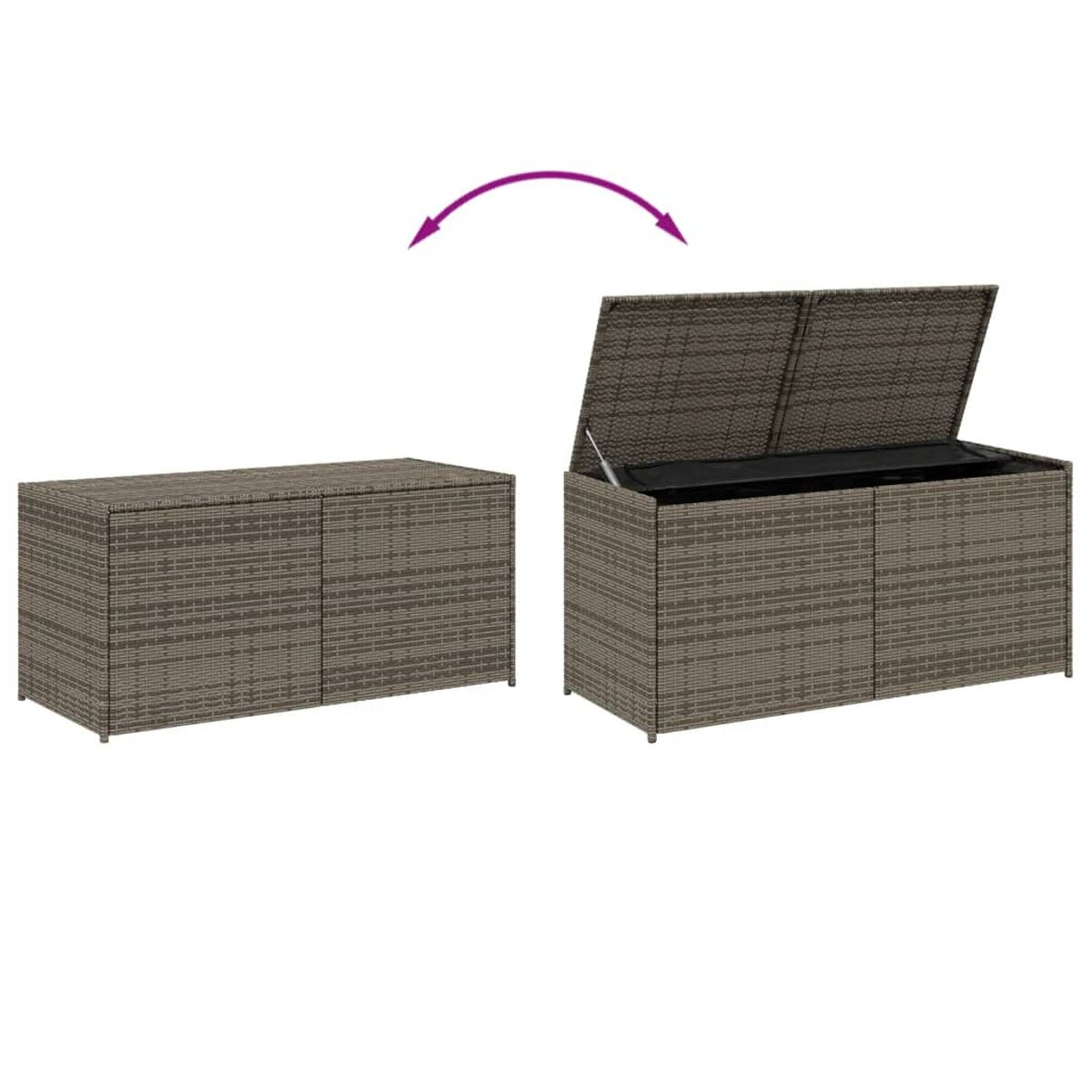 Rattan-Stauraumbox, geschlossen und offen, mit Stauraum.