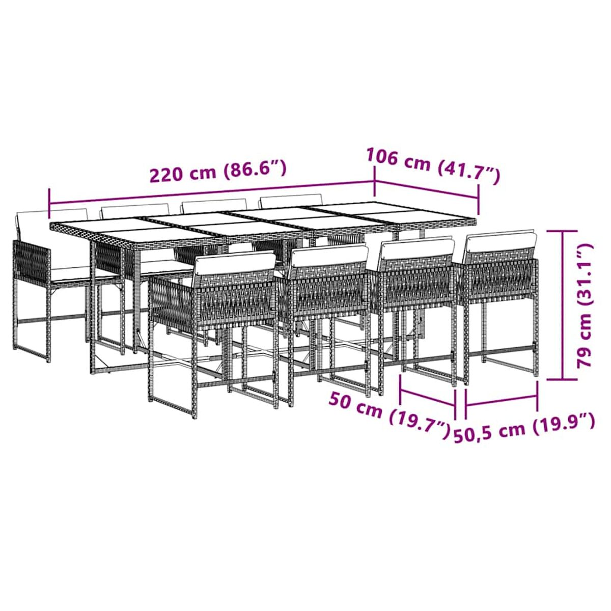 Set da pranzo per esterni con tavolo e sedie. Dimensioni visualizzate. Sfondo bianco.