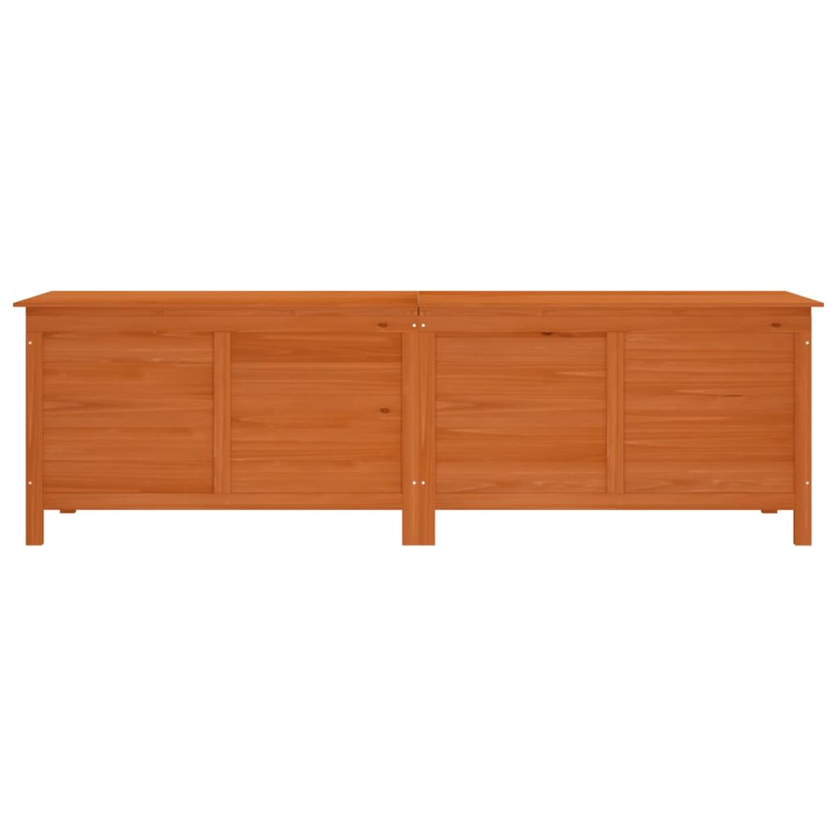 Horizontaler Holzschrank. Braun, mit zwei Türen. Einfaches Design, für den Außenbereich geeignet.