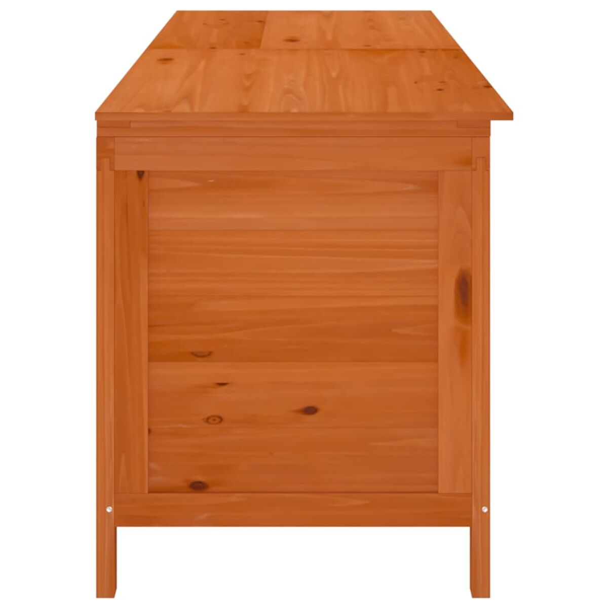 Holz-Aufbewahrungsbox mit schrägem Dach. Die Box ist aus orange-braunem Holz gefertigt.