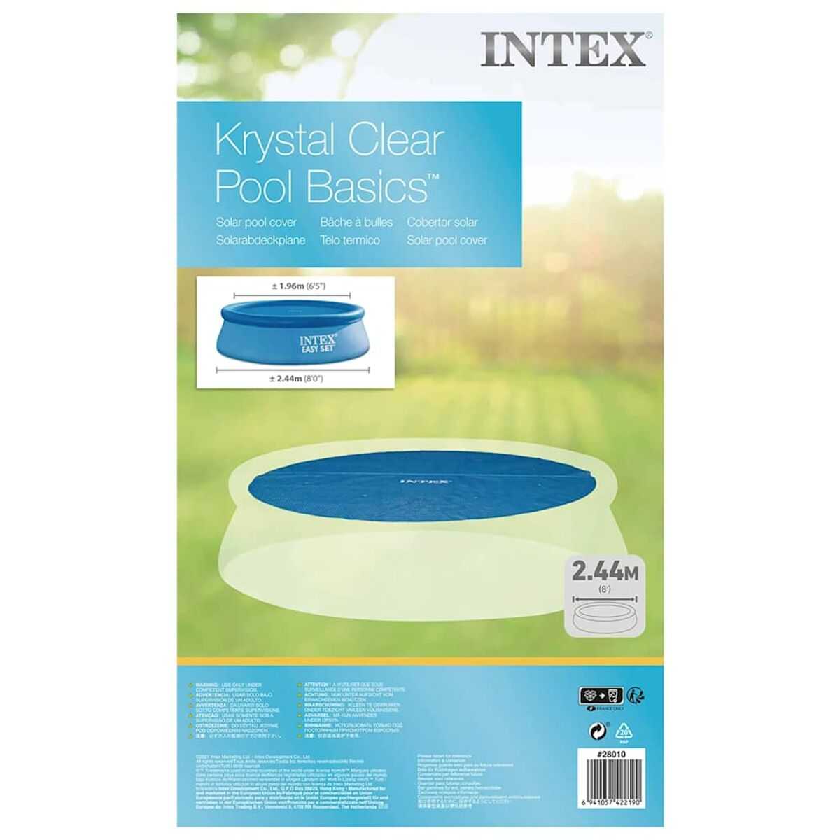Produktverpackung: Intex Poolabdeckung mit Maßen und Produktinformationen.