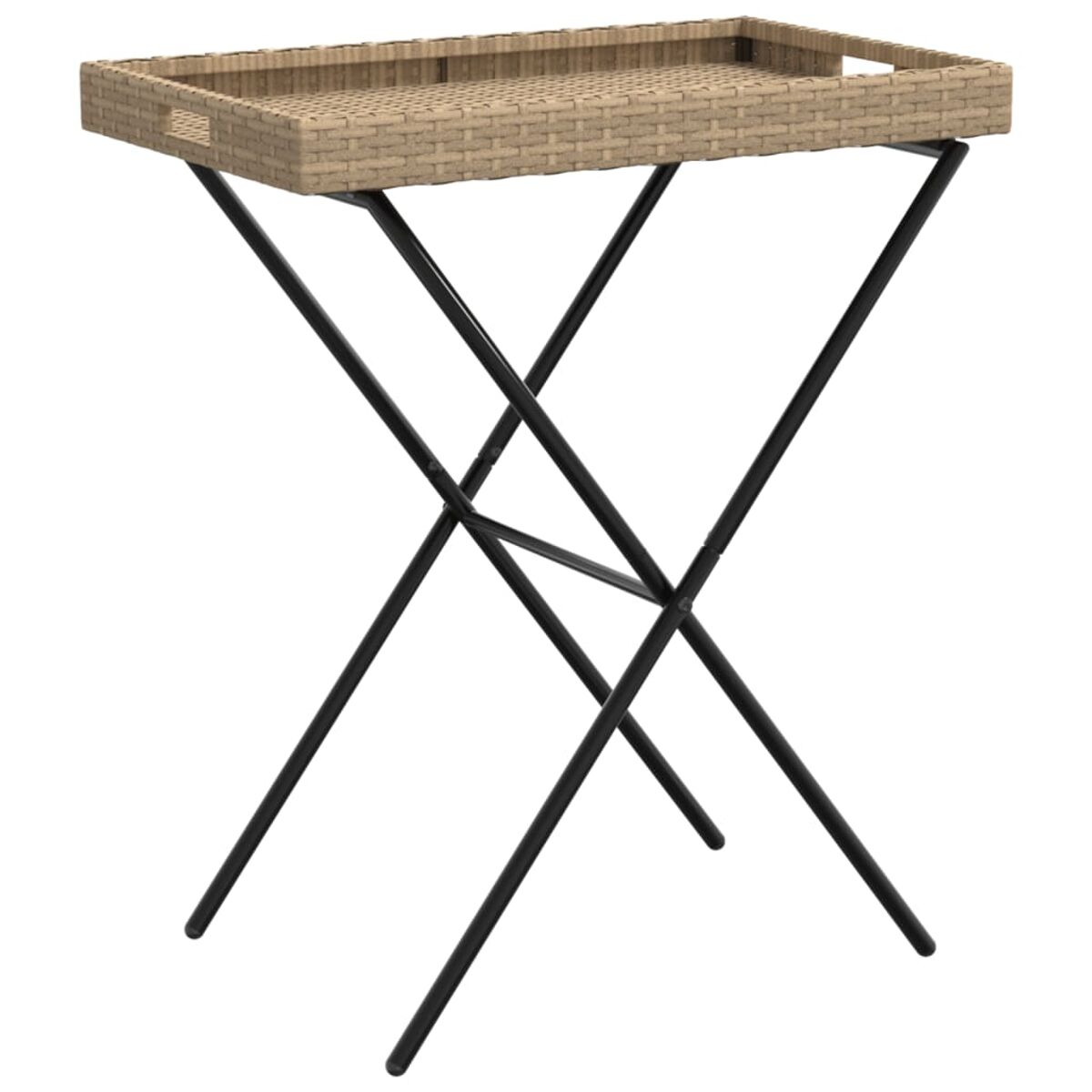 Korbtisch mit schwarzen Metallbeinen. Tablett oben drauf.