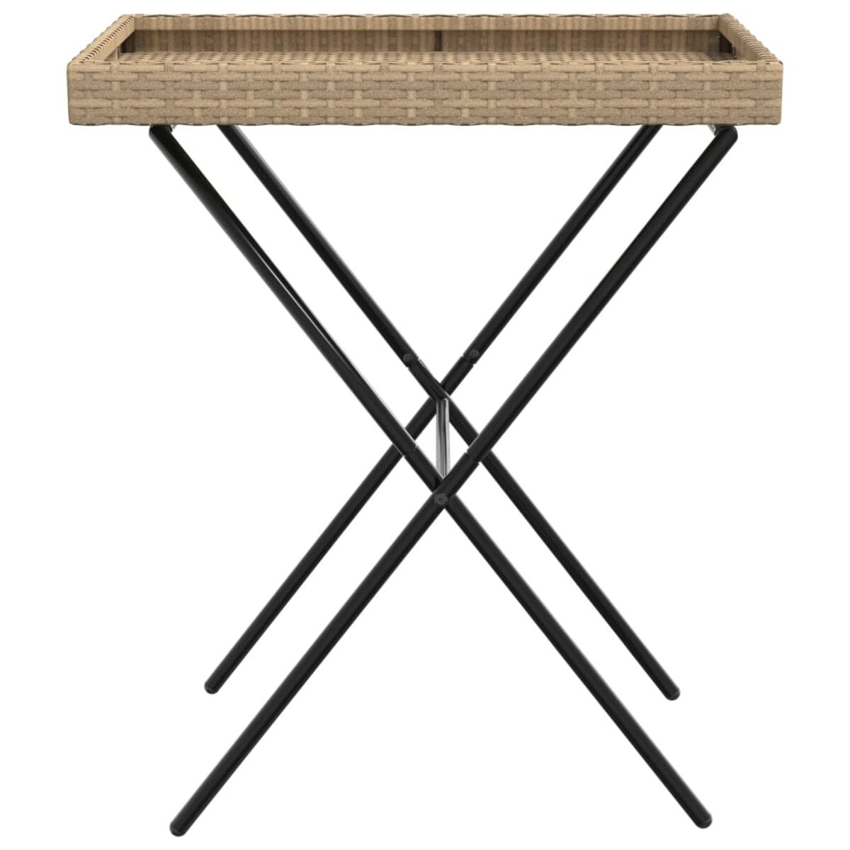 Serviertisch aus Korbgeflecht mit schwarzen Beinen. Das Tablett hat ein gewebtes Muster.