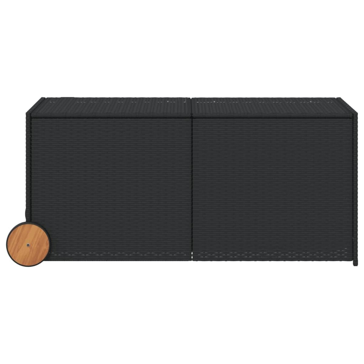 Schwarze Rattan-Aufbewahrungsbox mit Holzrädern. Draufsicht.