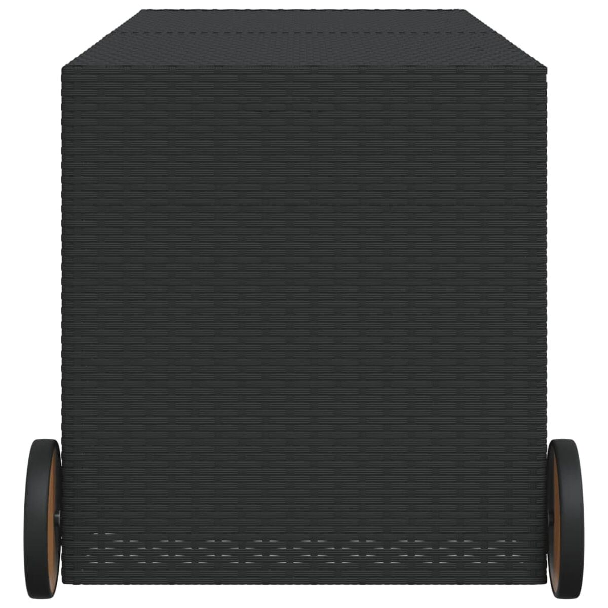 Schwarze Outdoor-Aufbewahrungsbox mit Rädern. Rechteckige Form. Braune, holzähnliche Räder.