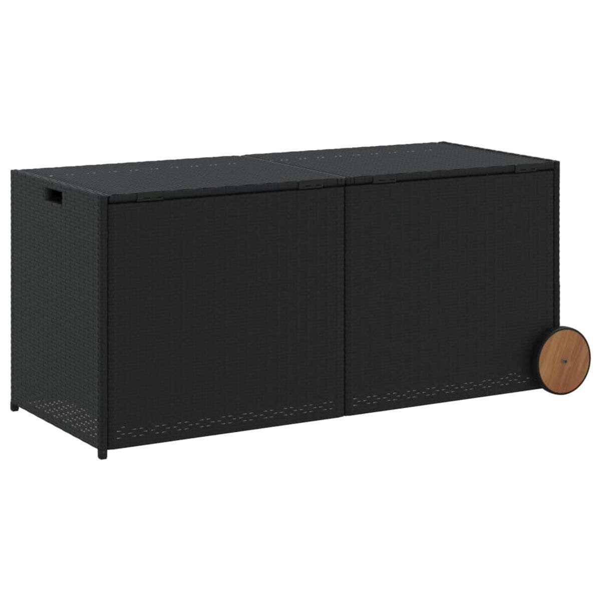 Schwarze Aufbewahrungsbox mit Deckel und Griff. Holzrad an der Seite.