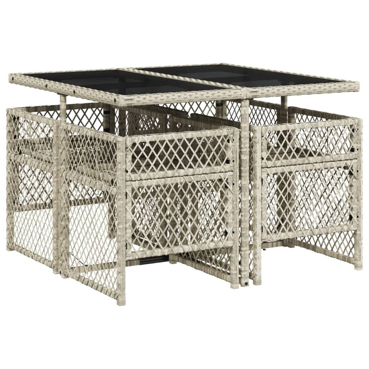 Beiges Outdoor-Tisch- und Stuhlset aus Korbgeflecht mit schwarzer Glasplatte, für den Garten geeignet.