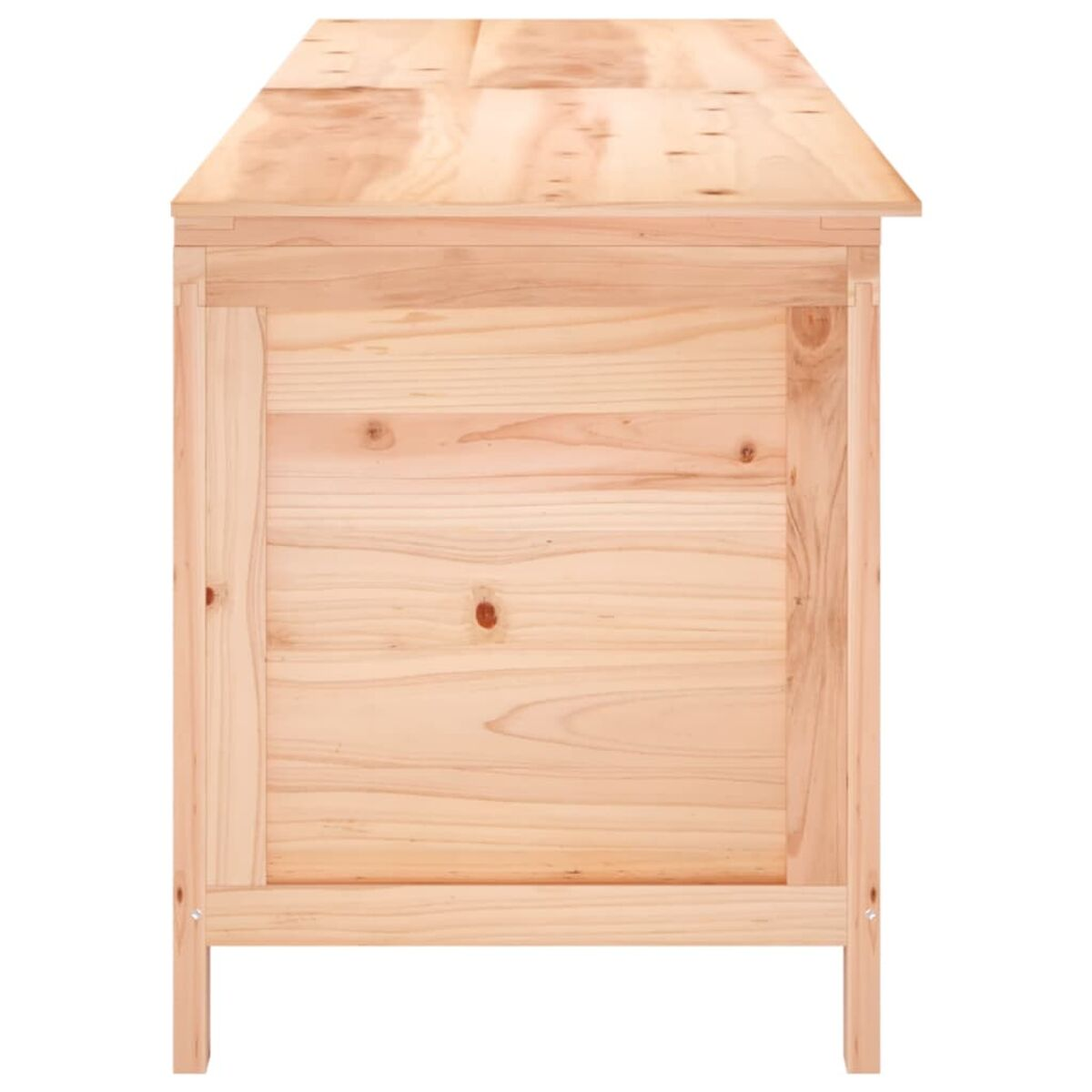 Ein helles, holzfarbenes Aufbewahrungsschrank mit einer hellen Holzplatte, von vorne gesehen.