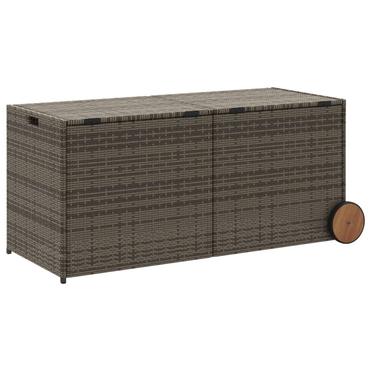 Braune Weidenholz-Aufbewahrungsbox mit zwei Türen, einem Rad und einem Griff. Vor weißem Hintergrund.