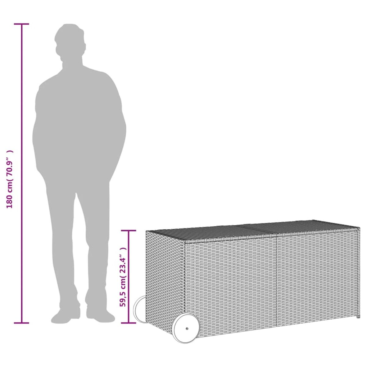 Eine Person steht neben einer rechteckigen geflochtenen Aufbewahrungsbox mit Rädern.