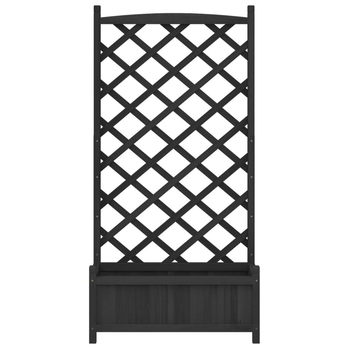 Schwarzes Holzgitter mit einem Pflanzgefäß am Boden. Das Gitter ist mit einem Rautenmuster bedeckt.