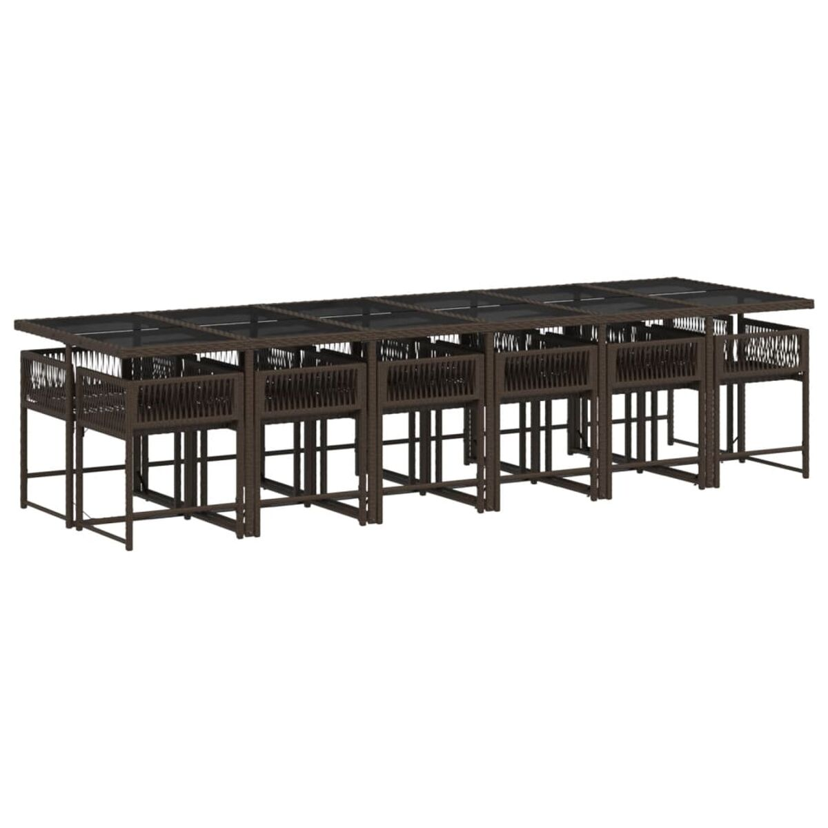 Lungo tavolo da pranzo marrone scuro con sedie per mangiare all'aperto, con un design intrecciato marrone.