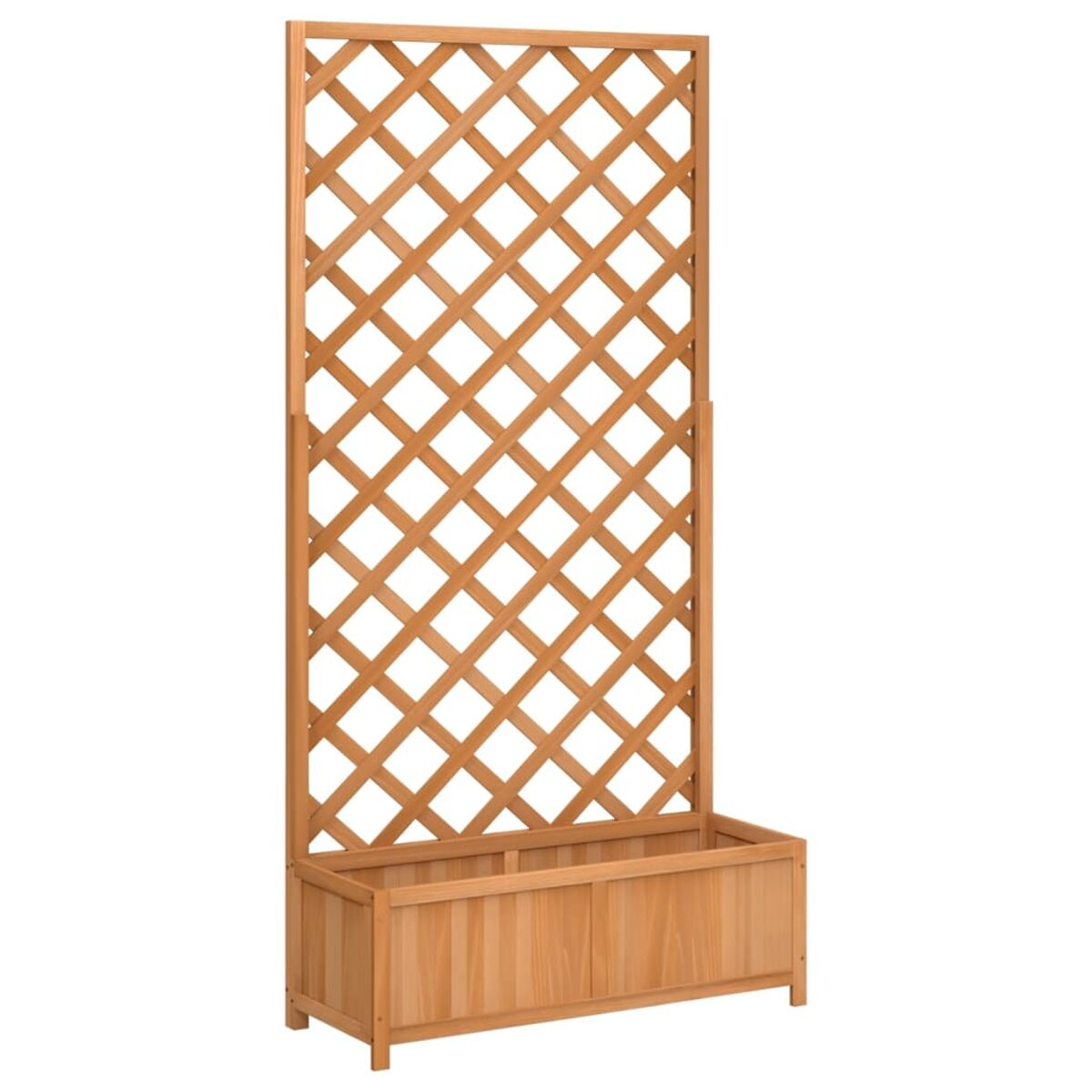 Holzpflanzgefäß mit Spalier. Das Spalier hat ein Rautenmuster und der Pflanzkasten ist braun.