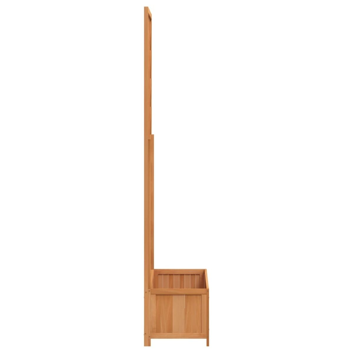 Holzpflanzer mit hoher Rückwand. Es hat eine rechteckige Basis und eine hohe, vertikale Stütze.