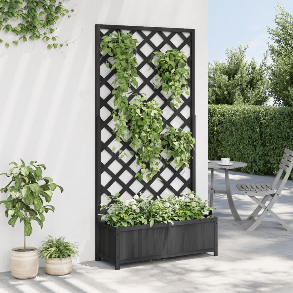Schwarzes Spalier mit Pflanzen, Blumen und Töpfen. Es steht an einer weißen Wand.