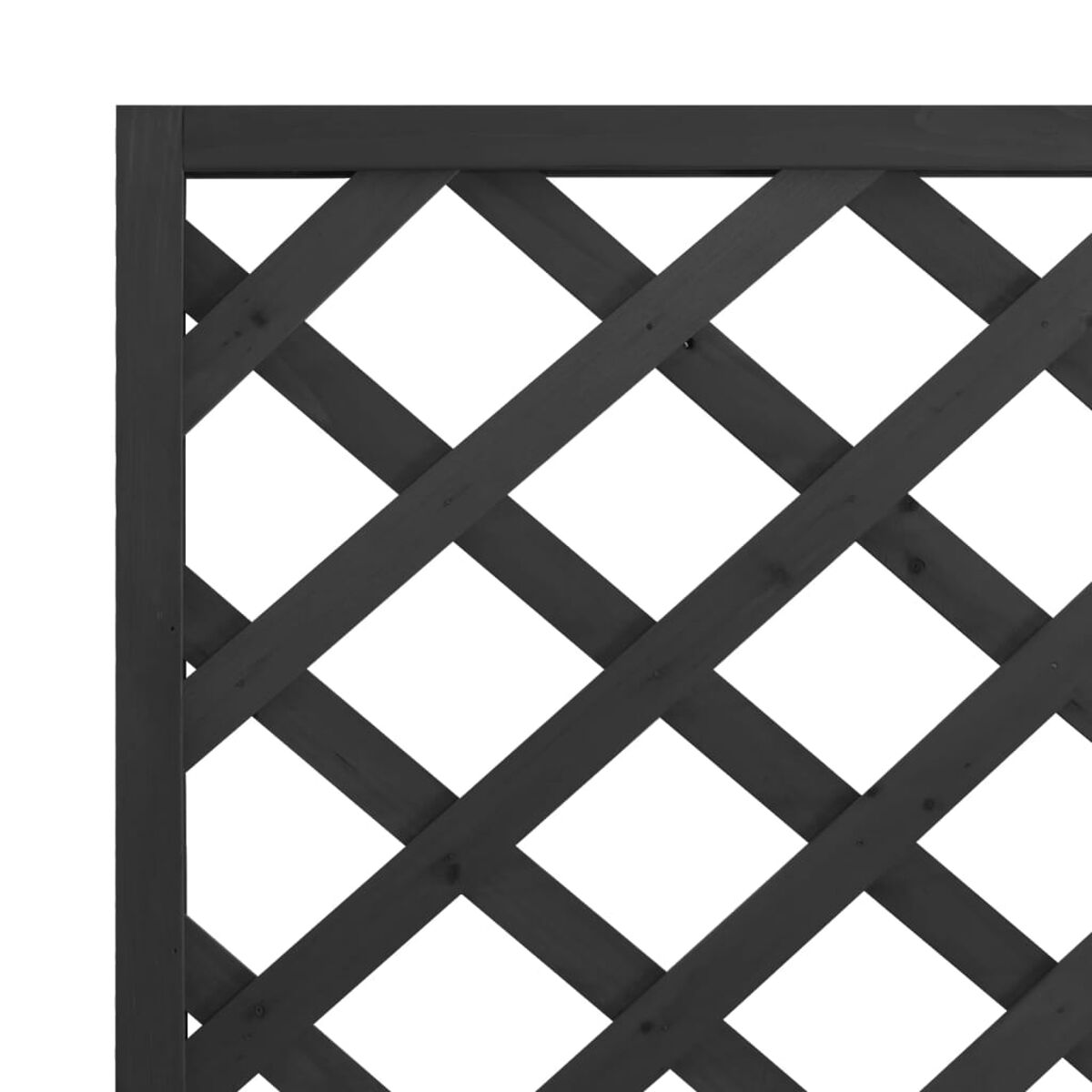 Ein schwarzes Holzgitter mit diagonalem Gittermuster, vor weißem Hintergrund gezeigt.