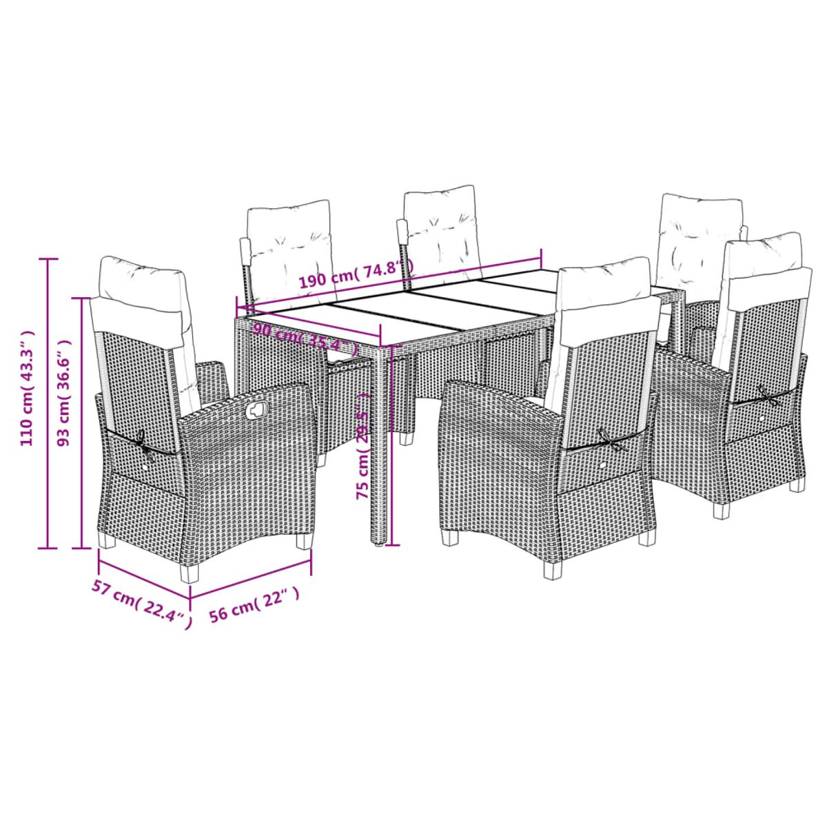 Ein Esszimmerset aus Rattan mit Tisch und Stühlen wird gezeigt. Die Abmessungen sind in cm angegeben.