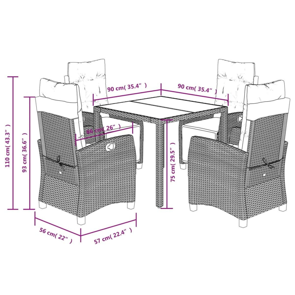 Diagramm eines Terrassensets mit Abmessungen in cm und Zoll für Tisch und Stühle.
