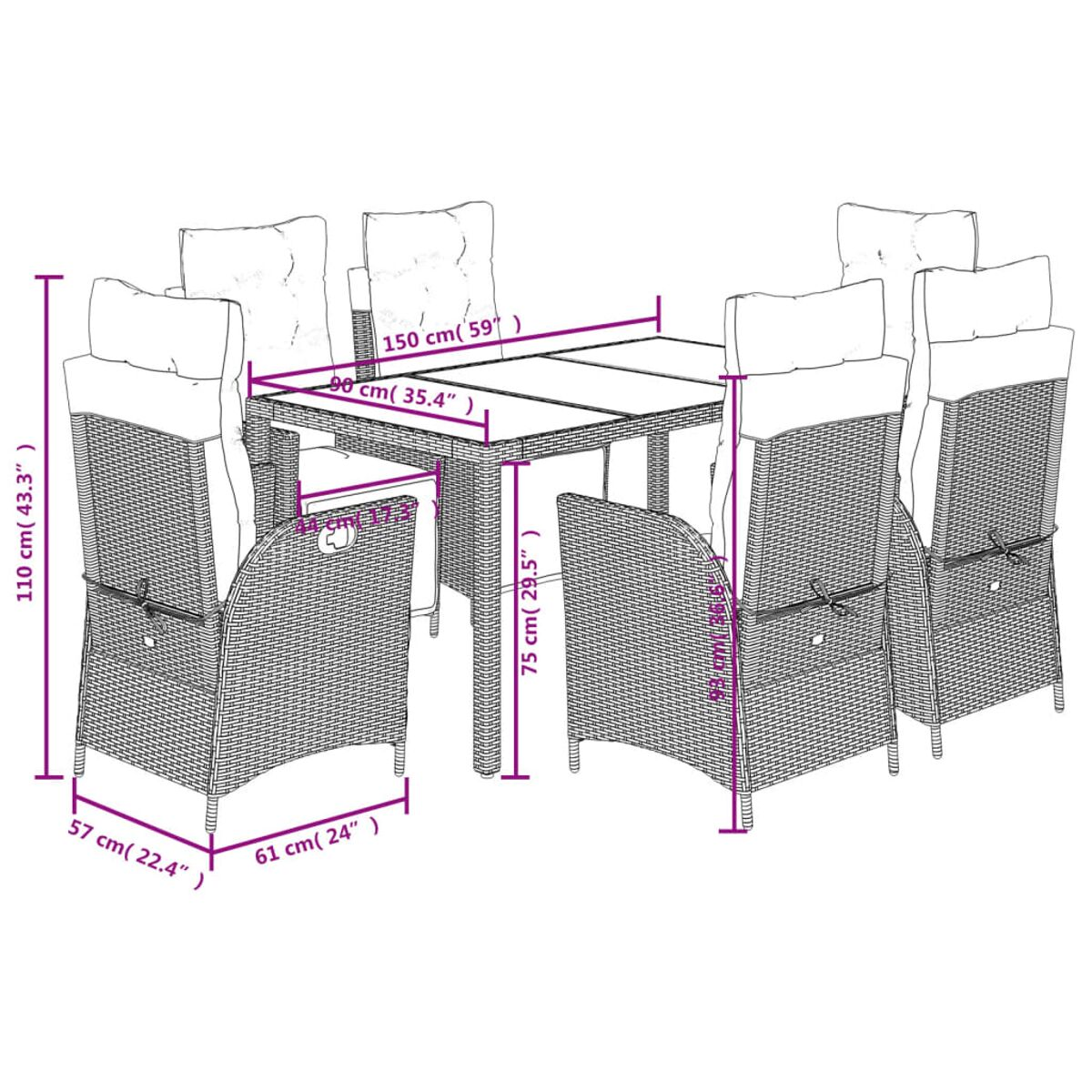 Un set da pranzo all'aperto con dimensioni. Include un tavolo e sedie con misure in cm e pollici.