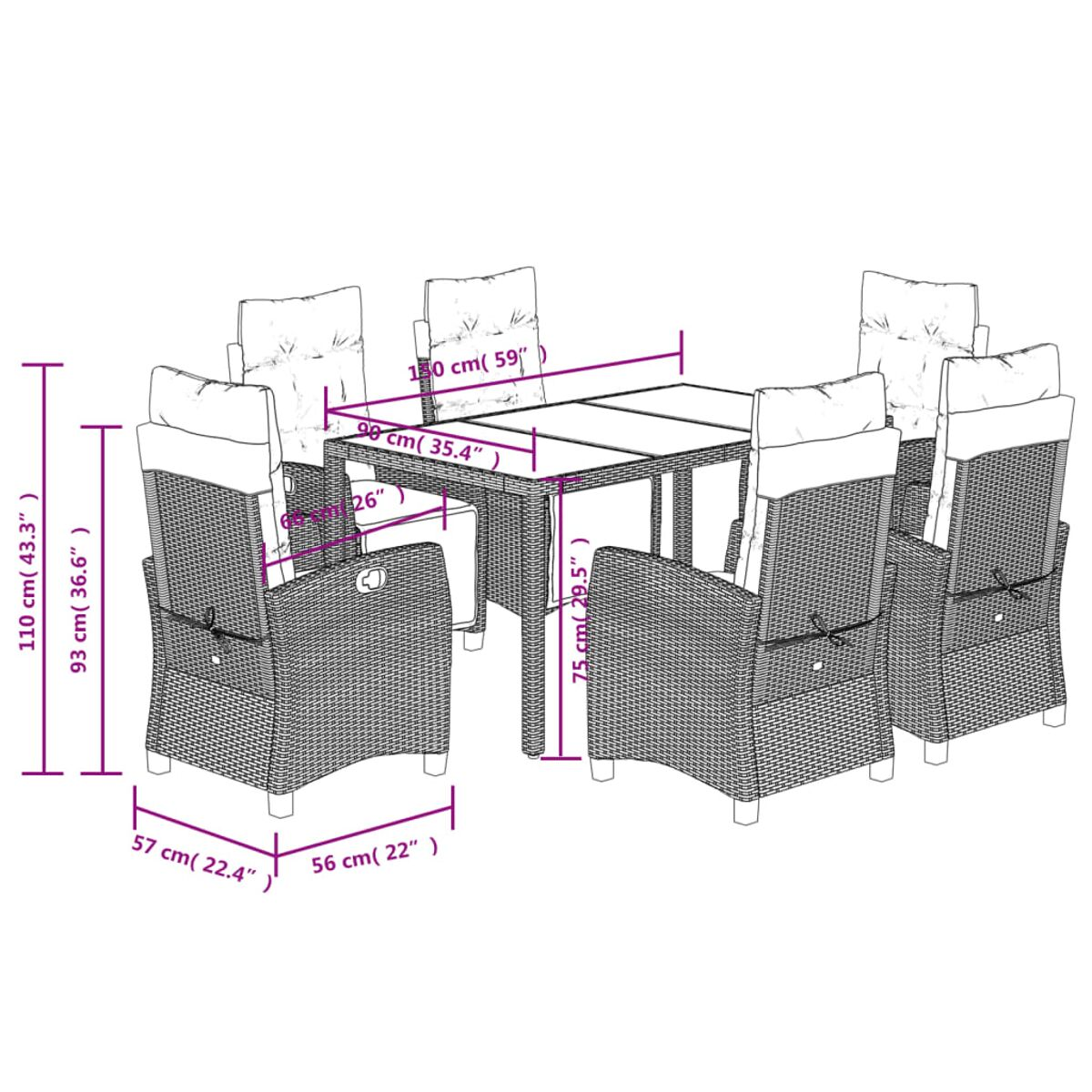 Essgruppe für den Außenbereich mit einem rechteckigen Tisch und sechs Stühlen. Die Stühle sind aus Korbgeflecht und haben Kissen.