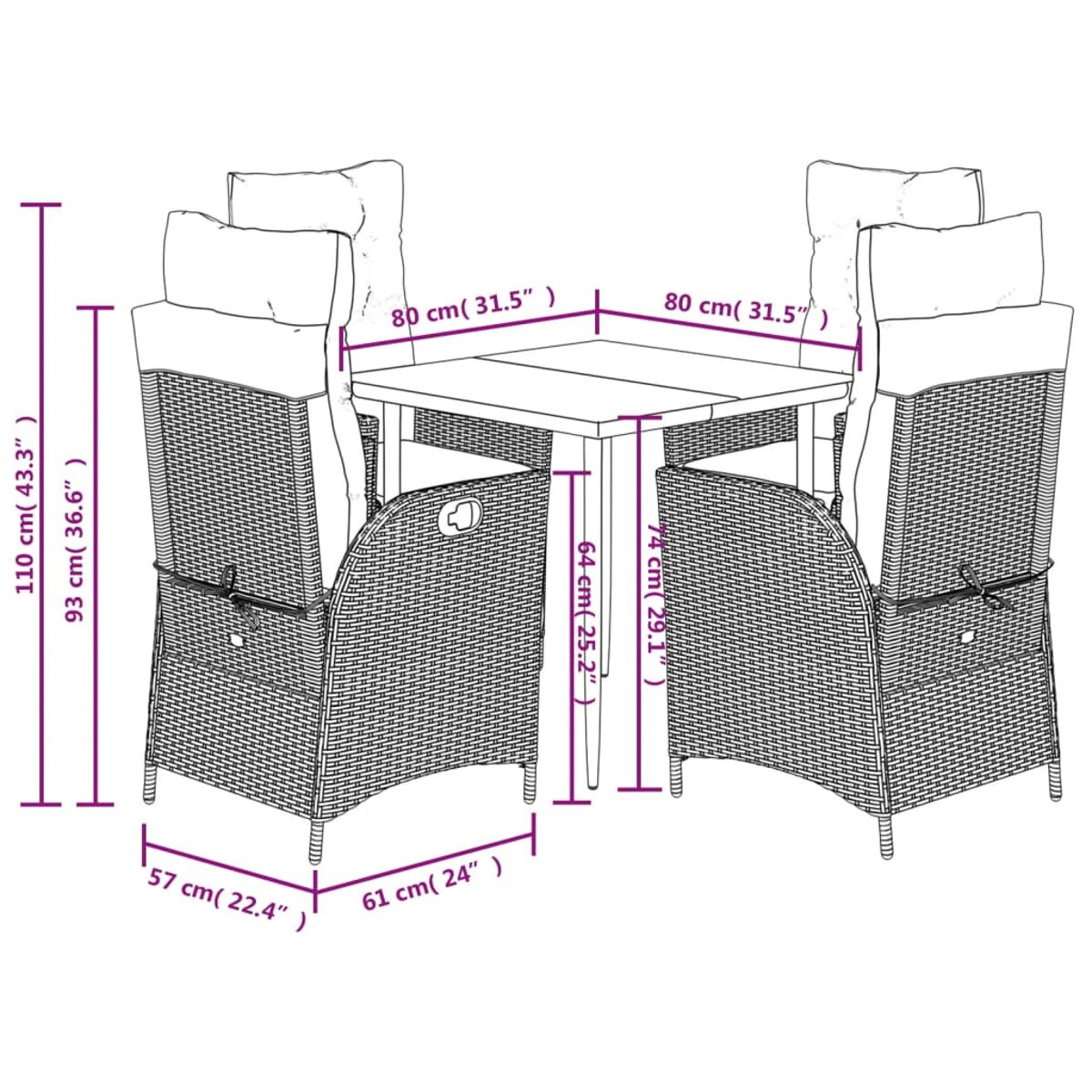 Diagramma di un set da pranzo per esterni con dimensioni. Tavolo e sedie con cuscini bianchi.